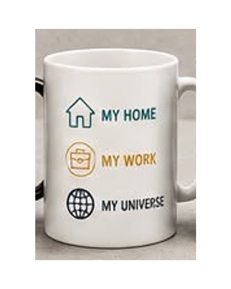 White mug with the My Home, My Work, My Universe icons